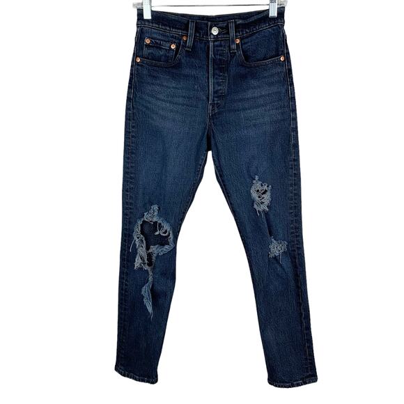 Levi’s Premium 501 Skinny Jeans Black Blue Distressed Women’s 24 (26 x 28) - Picture 1 of 13